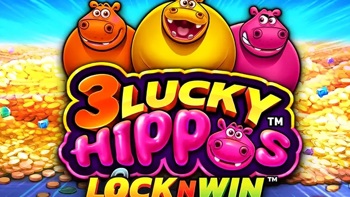 3 Lucky Hippos slot game interface na may makukulay na hippos