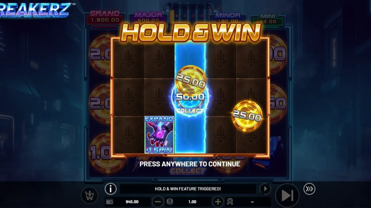 Cyberpunk themed digital grid interface ng Breakerz slot